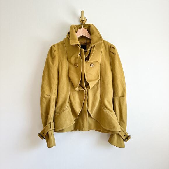 BCBGMAXAZRIA Wool-Cashmere Ruffle Zip Up Pea Coat Green Ochre S - Picture 1 of 14